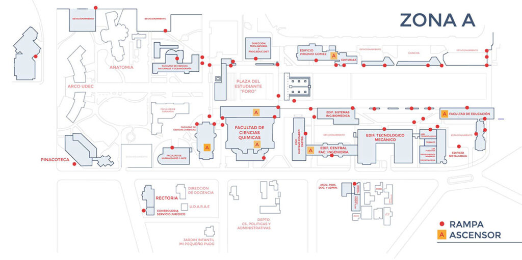 Mapa de accesibilidad de la Zona central de la Universidad desde el Arco a la biblioteca.